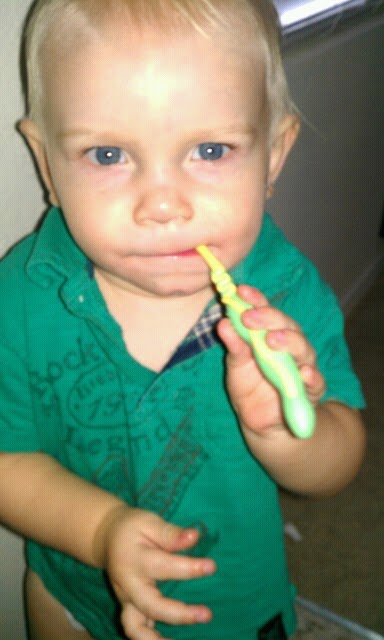 He loves chomping on his toothbrush.  LOVES!