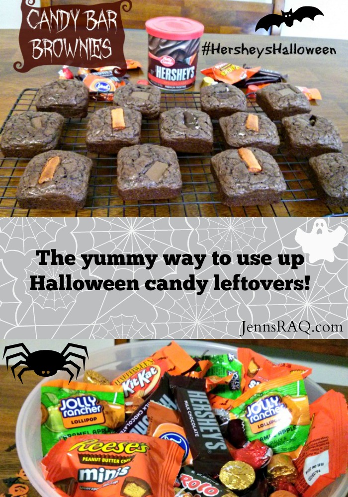 Candy Bar Brownies - The Yummy Way to use up Halloween Candy Leftovers as seen on JennsRAQ.com