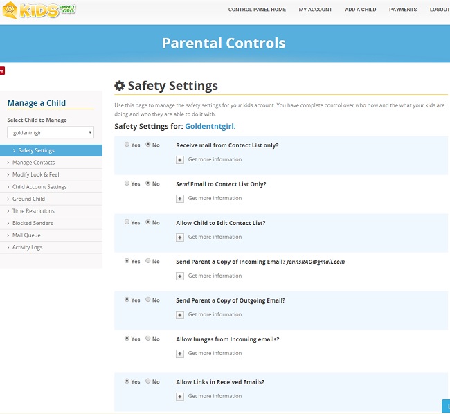 KidsEmail.org has extensive parental controls