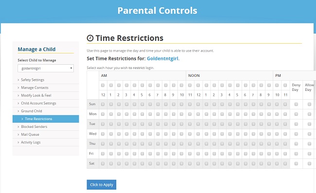 KidsEmail.org Time Restrictions in Parental Controls