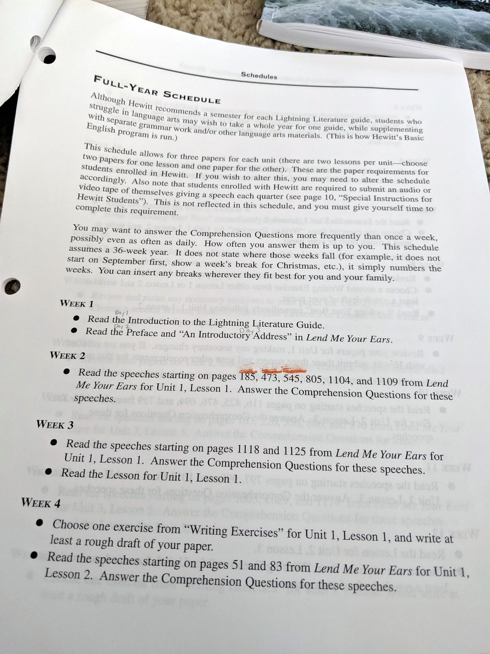 Lightning Literature and Composition Speech Course for High School - Full Year Schedule