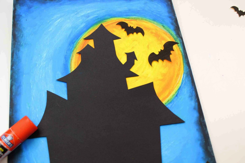 HALLOWEEN Oil Pastel Art - Add the Haunted House and Bats