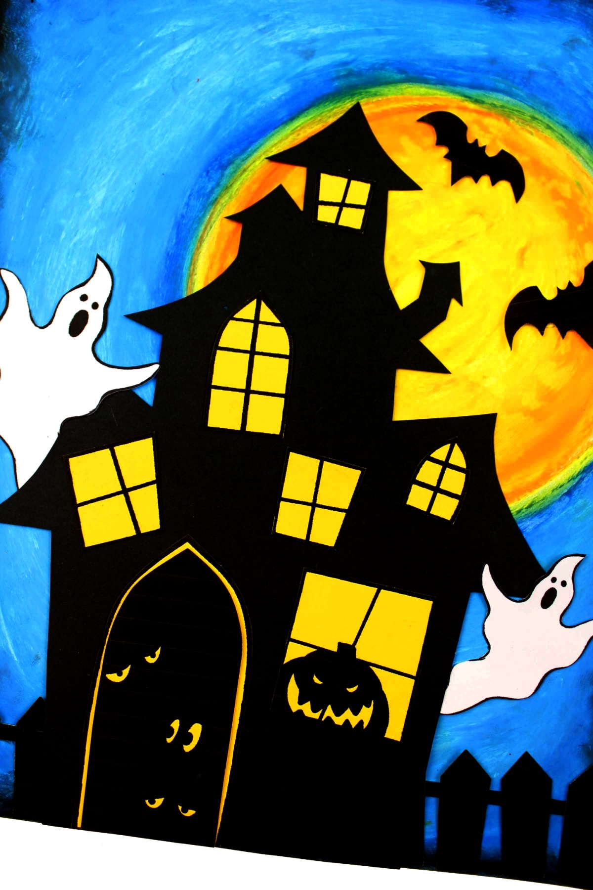 HALLOWEEN Oil Pastel Art - Haunted House Ghosts Bats - Spooky Fun